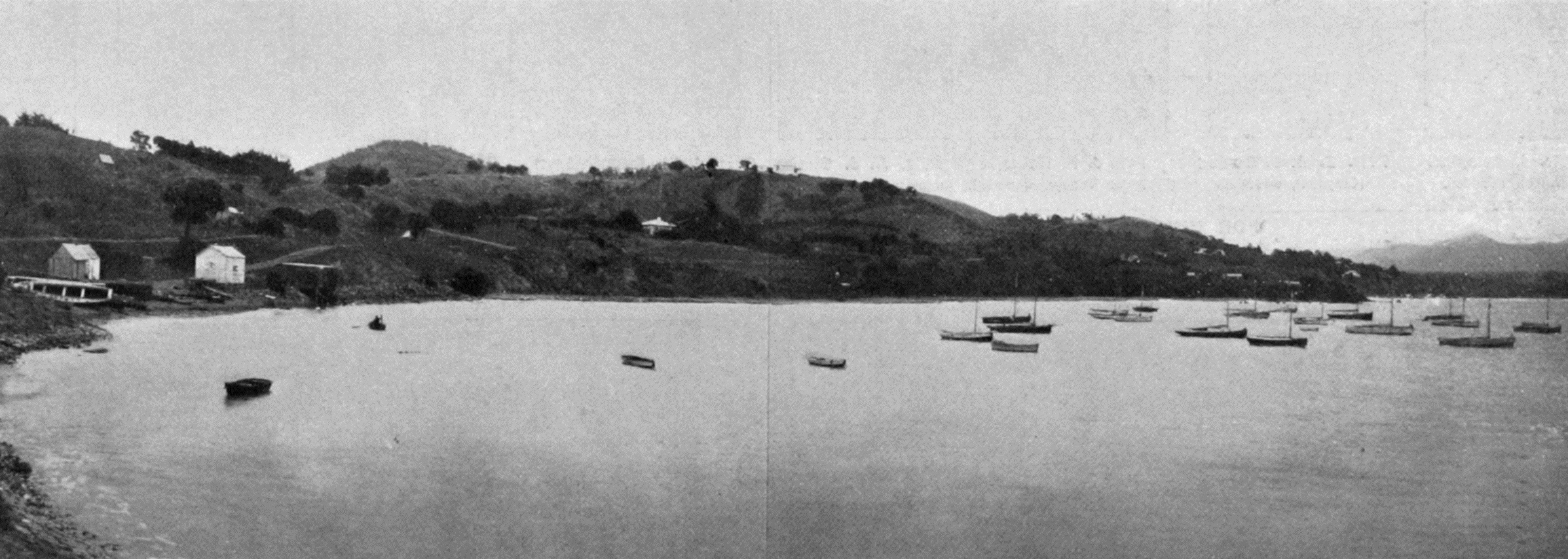 Panorama of Moeraki Bay, Otago, showing the fishing fleet at their moorings. - Otago Witness, 25.4.1917.