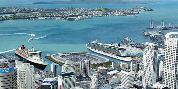 An artist's impression for a version of "The Crater" stadium including cruise liner berths. Image...