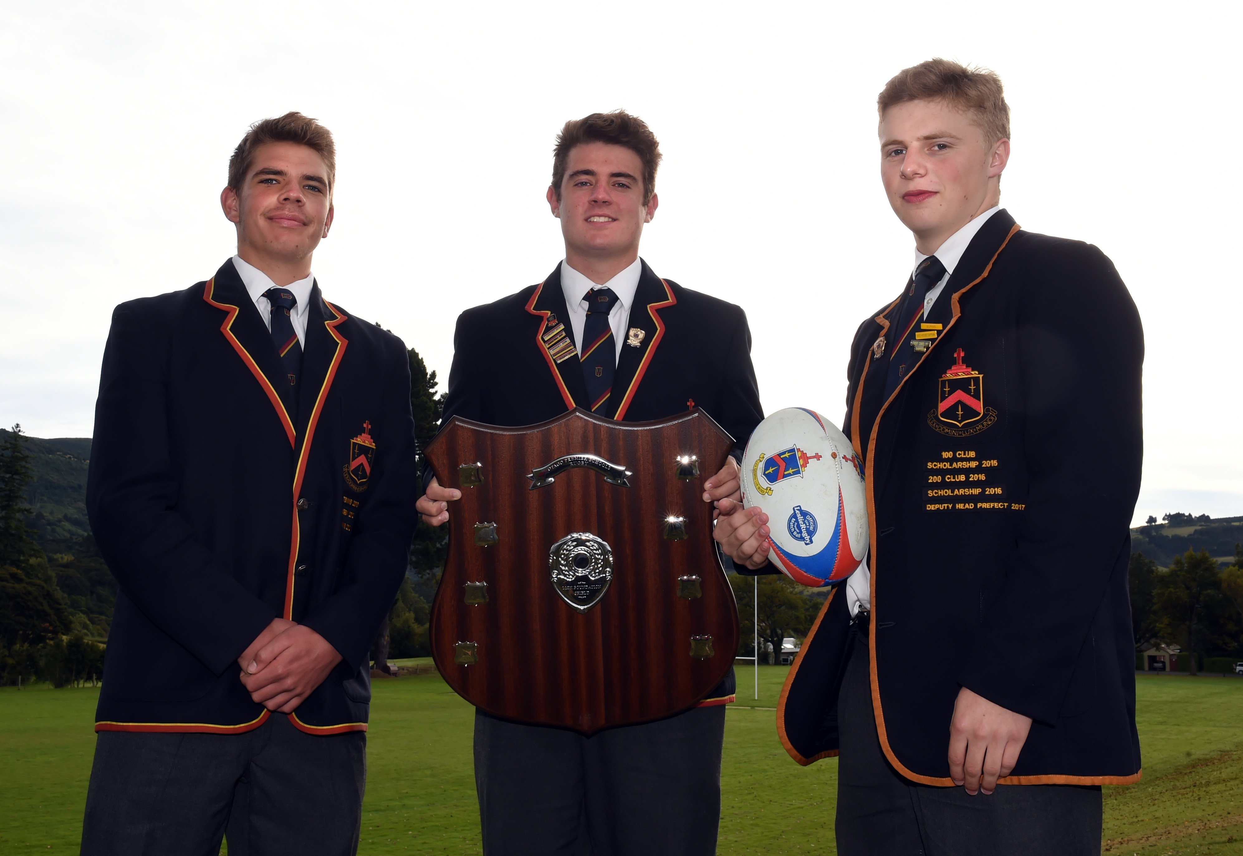 John McGlashan College First XV players (from left) Lucas Reid (17), Ness Scully (17) and Charlie...