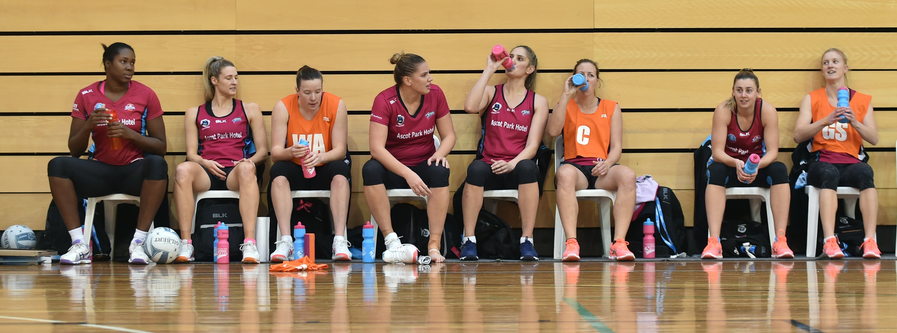 Steel players (from left) Jhaniele Fowler-Reid, Jane Watson, Abby Erwood, Te Huinga Selby-Rickit, Te Paea Selby-Rickit, Wendy Frew, Gina Crampton and Shannon Francois take a break during a training session at the Edgar Centre at the weekend. Photos: Peter