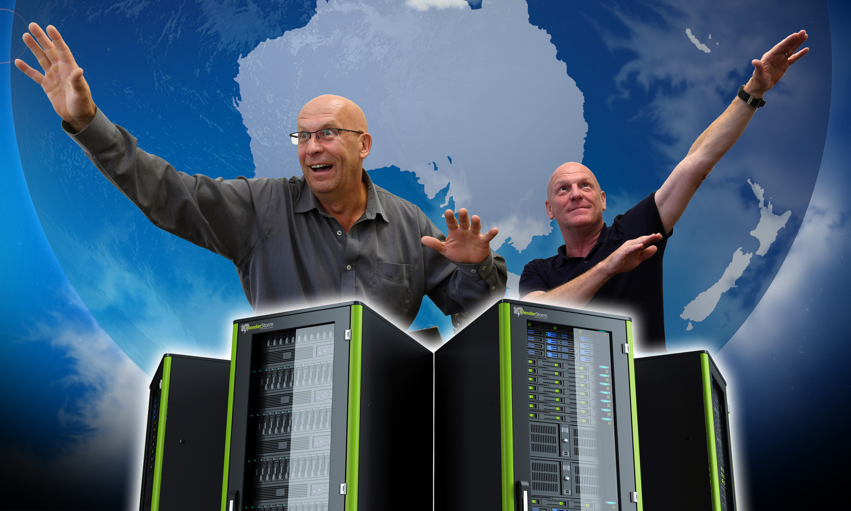 RenderStorm New Zealand manager Andy Thompson (left) and chairman Adrian Thompson are preparing to build a render farm in Dunedin. Photo/Illustration: Stephen Jaquiery/Kurt Erikson.