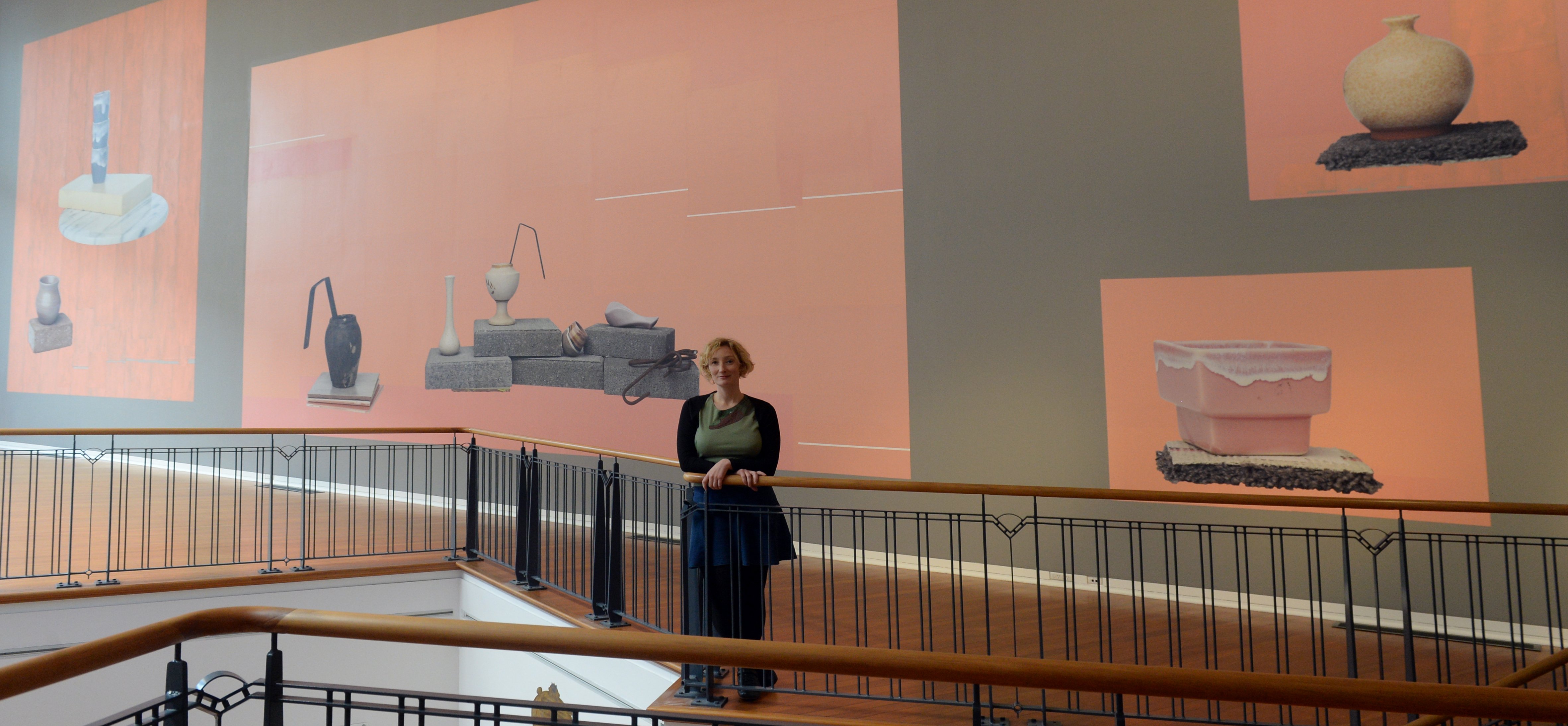 Artist Eve Armstrong stretched herself to make her largest collage yet for the Big Wall at the Dunedin Public Art Gallery. Photo: Linda Robertson.