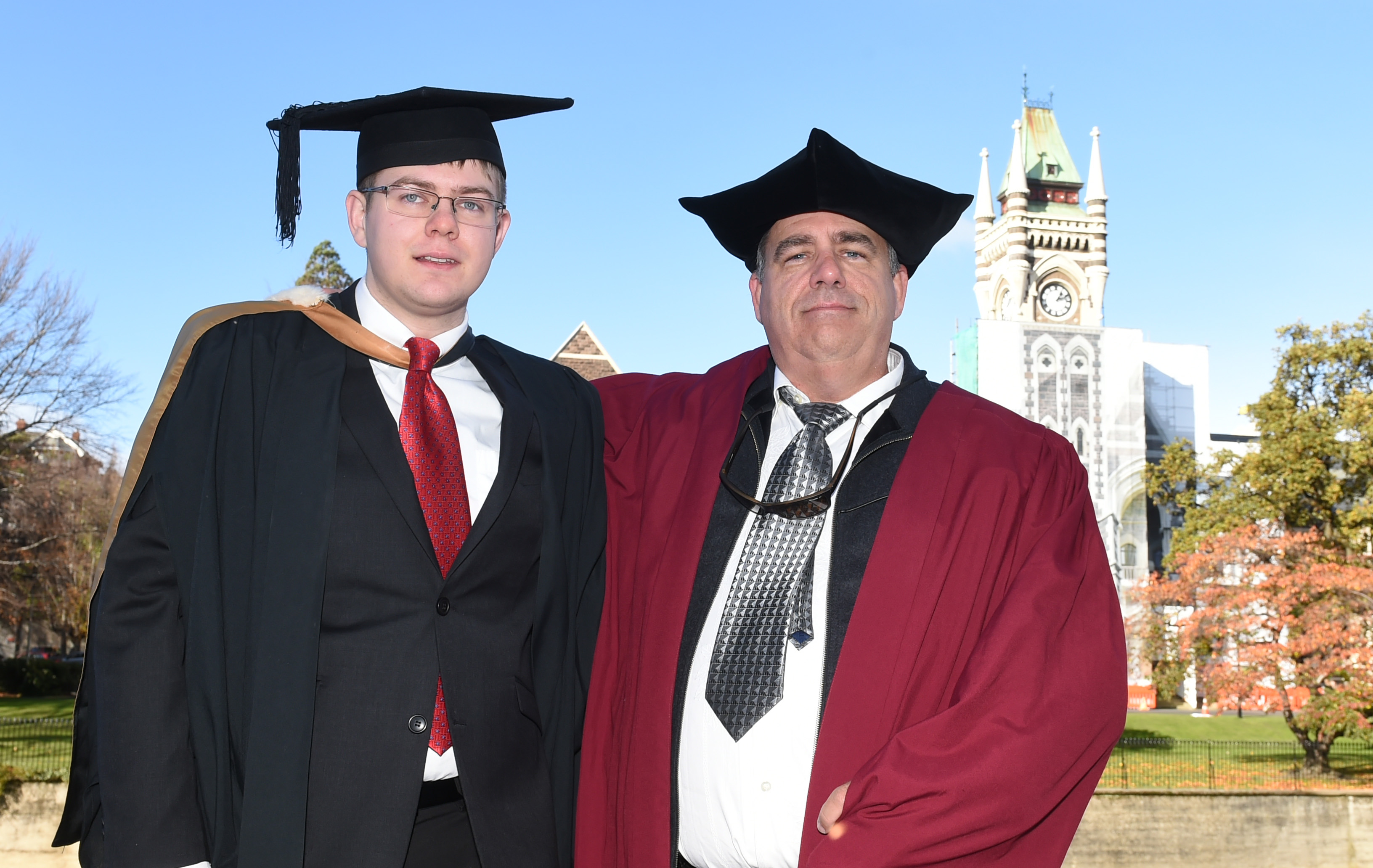 Father and son graduands Liam and Tim Ferner at the Otago campus. Tim Ferner exposed a...