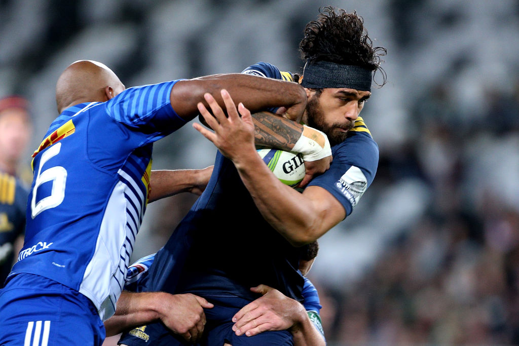 Jackson Hemopo (R) in action for the Highlanders against the Stormers in Dunedin last month....