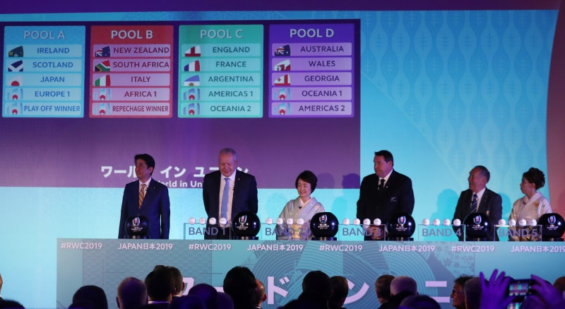 Officials on stage at the Rugby World Cup draw. Photo: Reuters