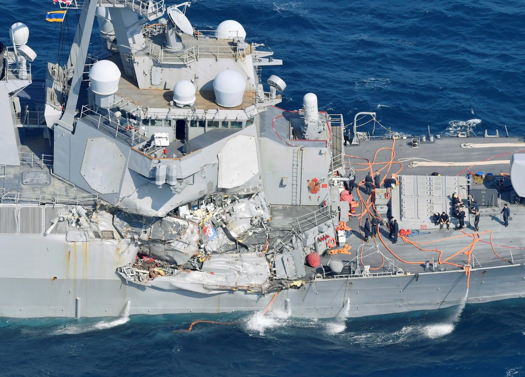 Damage is seen on the USS Fitzgerald after the collision. Photo Reuters 
