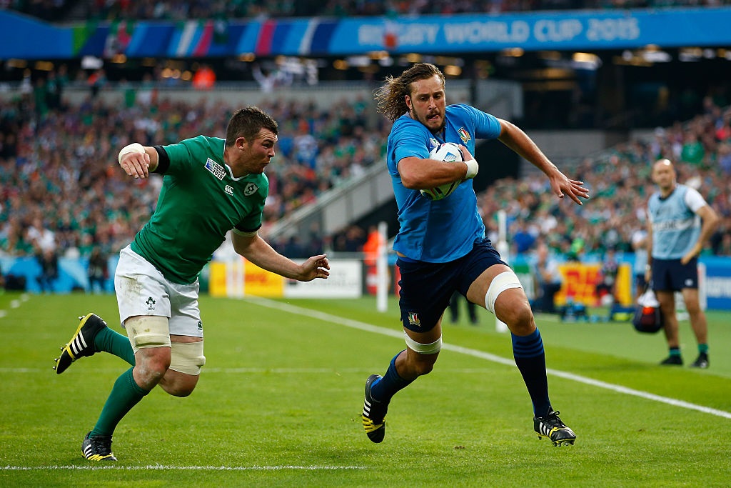 New Otago lock Josh Furno, playing for Italy, tries to beat Irish flanker Peter O'Mahony at the...