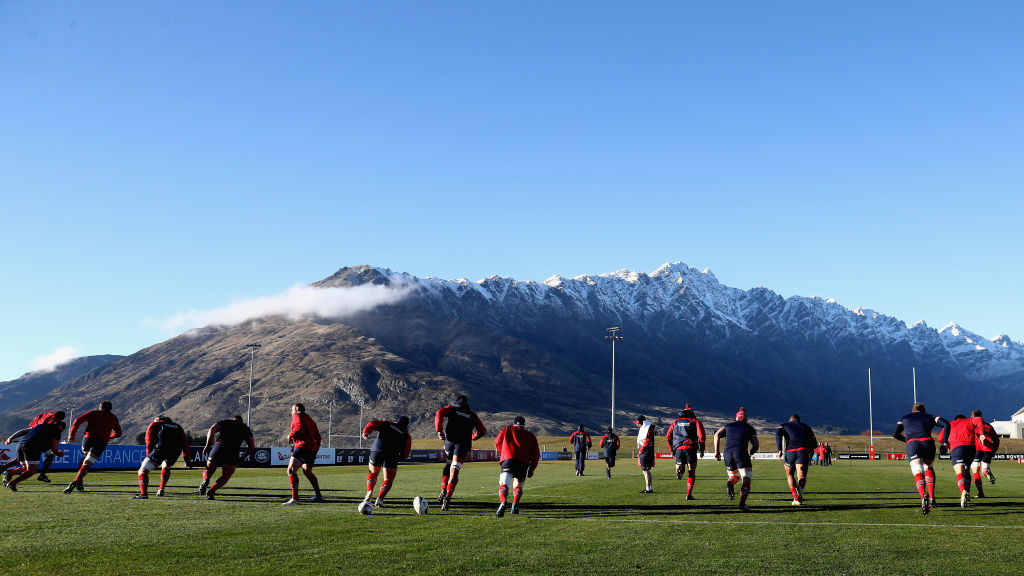 Lions players warm up during a training session at the Queenstown Event Centre today. Photo Getty