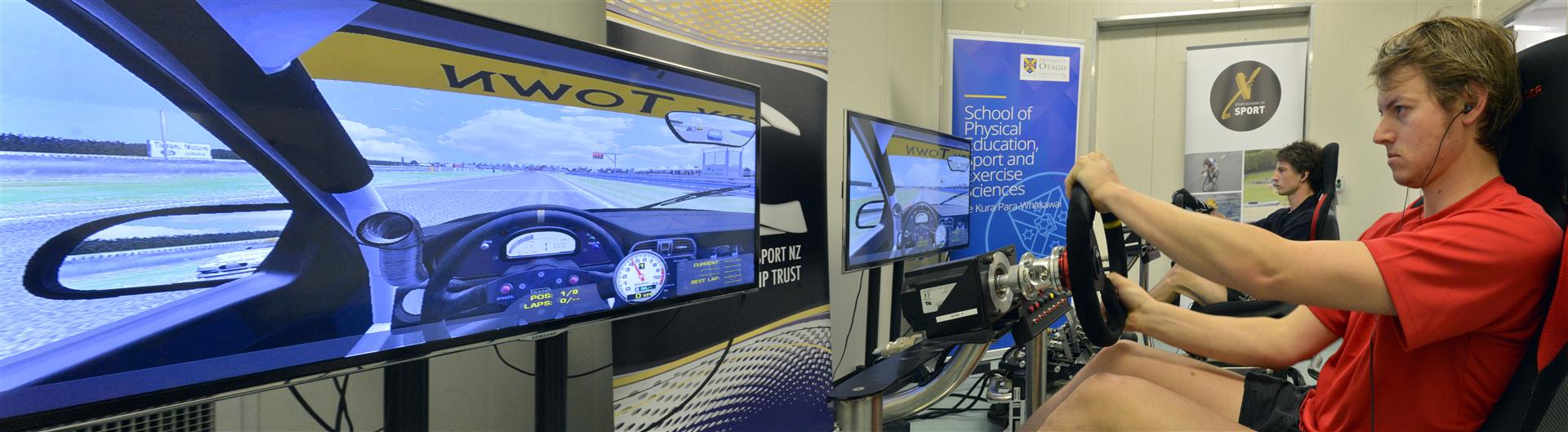 New Zealand rally car drivers Jack Williamson (left), of Hamilton, and Job Quantock, of Christchurch, test their reaction times in a simulator at the University of Otago School of Physical Education yesterday. Photo: Gerard O'Brien.