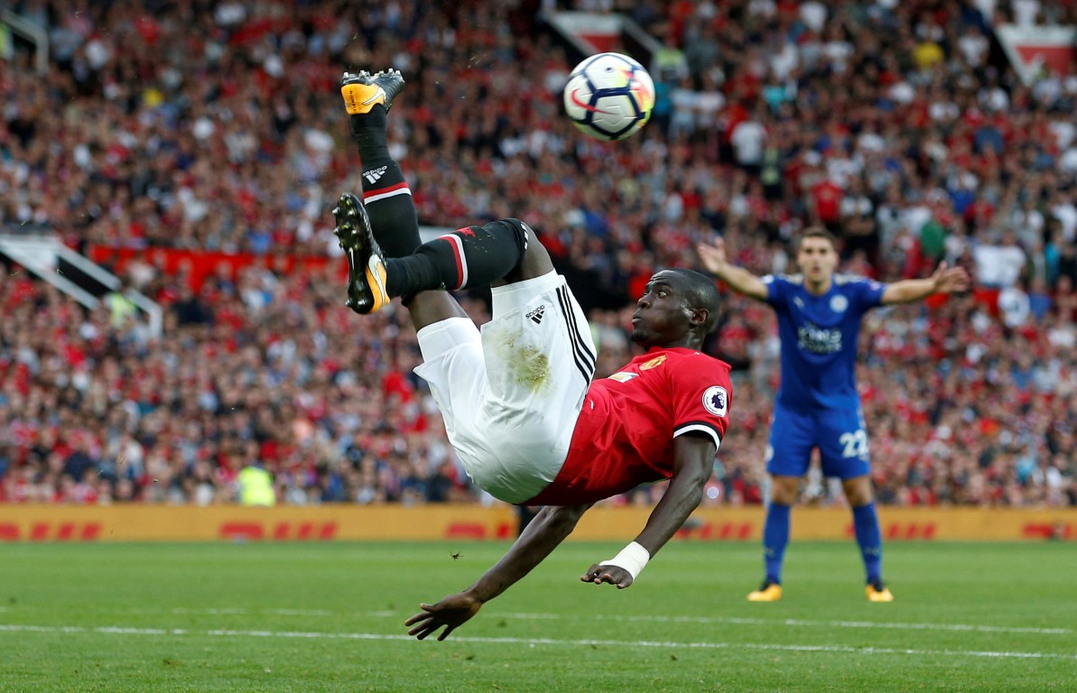 Manchester United's Eric Bailly clears with an overhead kick. Photo: Reuters 
