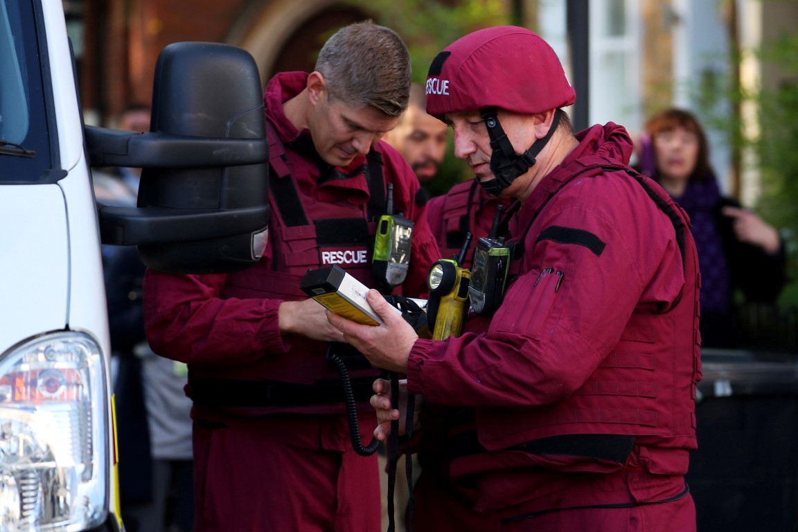 Bomb disposal squad members near Parsons Green tube station in London following the incident....