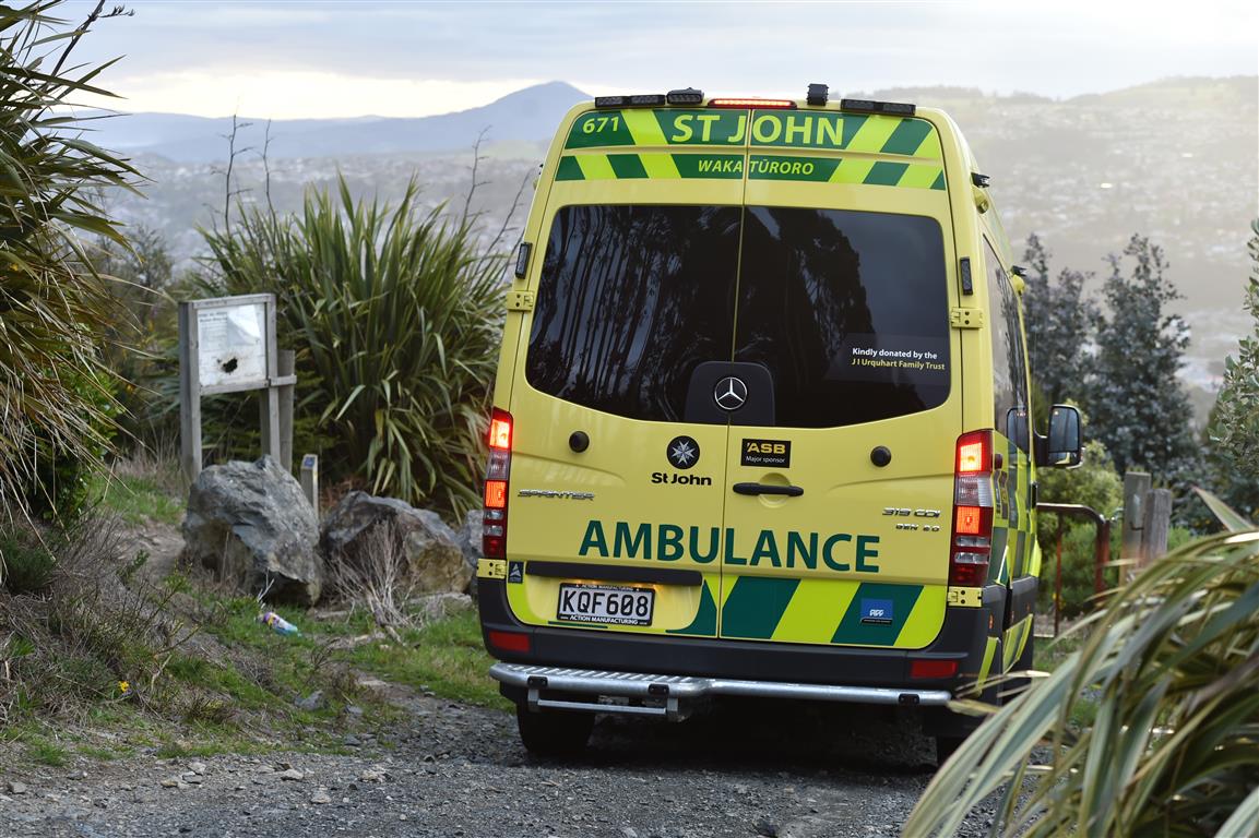 An ambulance at the scene this evening. Photo: Gregor Richardson