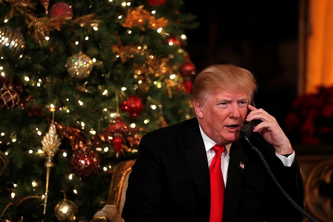 US President Donald Trump participates in NORAD (North American Aerospace Defense Command) Santa...