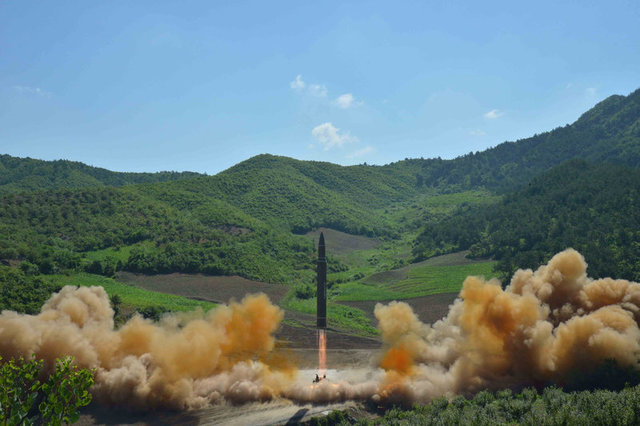 The intercontinental ballistic missile Hwasong-14 is seen during its test launch. Photo: Reuters