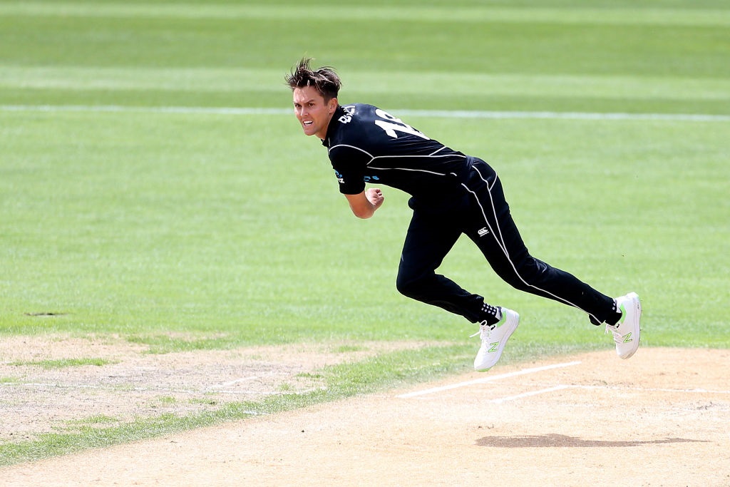 Trent Boult bowls for New Zealand against Pakistan in the Dunedin one-day international. Photo:...