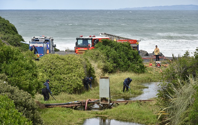 Police search a waterway near Blackhead Quarry on Tuesday. Photo: Gregor Richardson