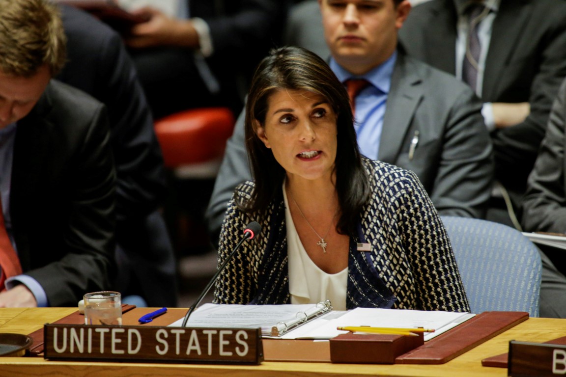 US Ambassador to the United Nations Nikki Haley speaks during the United Nations Security Council...