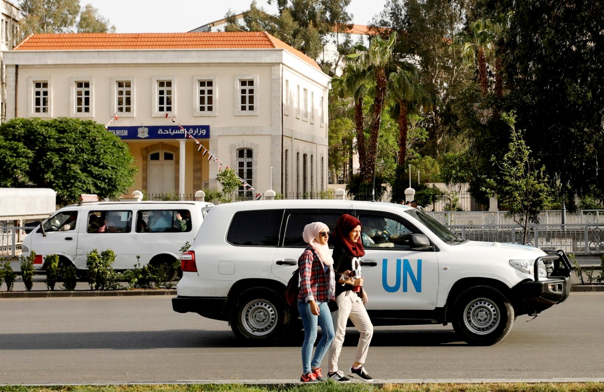 A UN vehicle carrying OPCW inspectors in Damascus, Syria, earlier this month. Photo: Reuters 