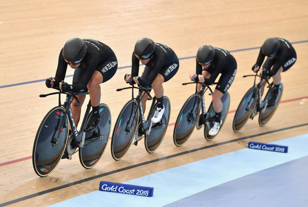 New Zealand compete in the Women's 4000m Team Pursuit qualifying at the Gold Coast Commonwealth...