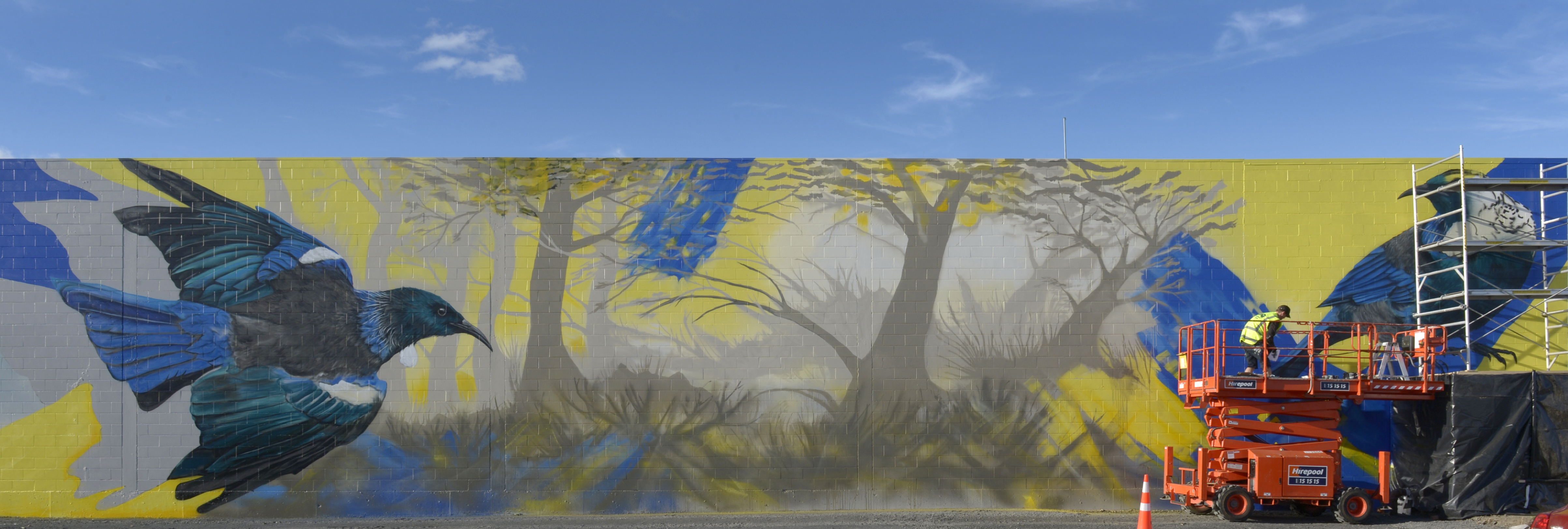 Artist Deow Owen works on a mural in Orari St, South Dunedin. Photo: Gerard O'Brien