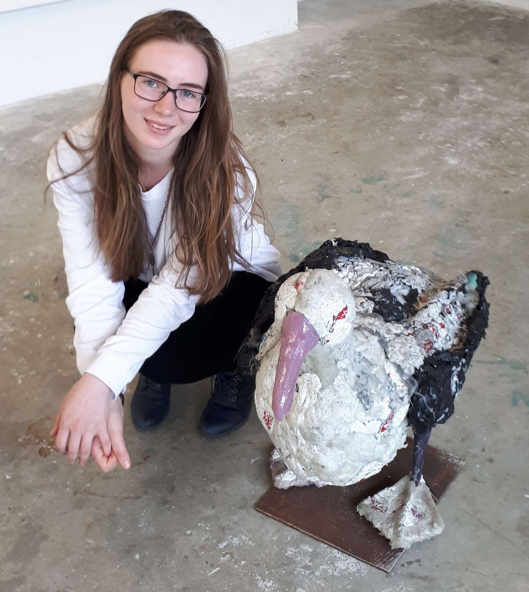 Tori Clearwater and her albatross sculpted from discarded plastic of the type that is choking the...