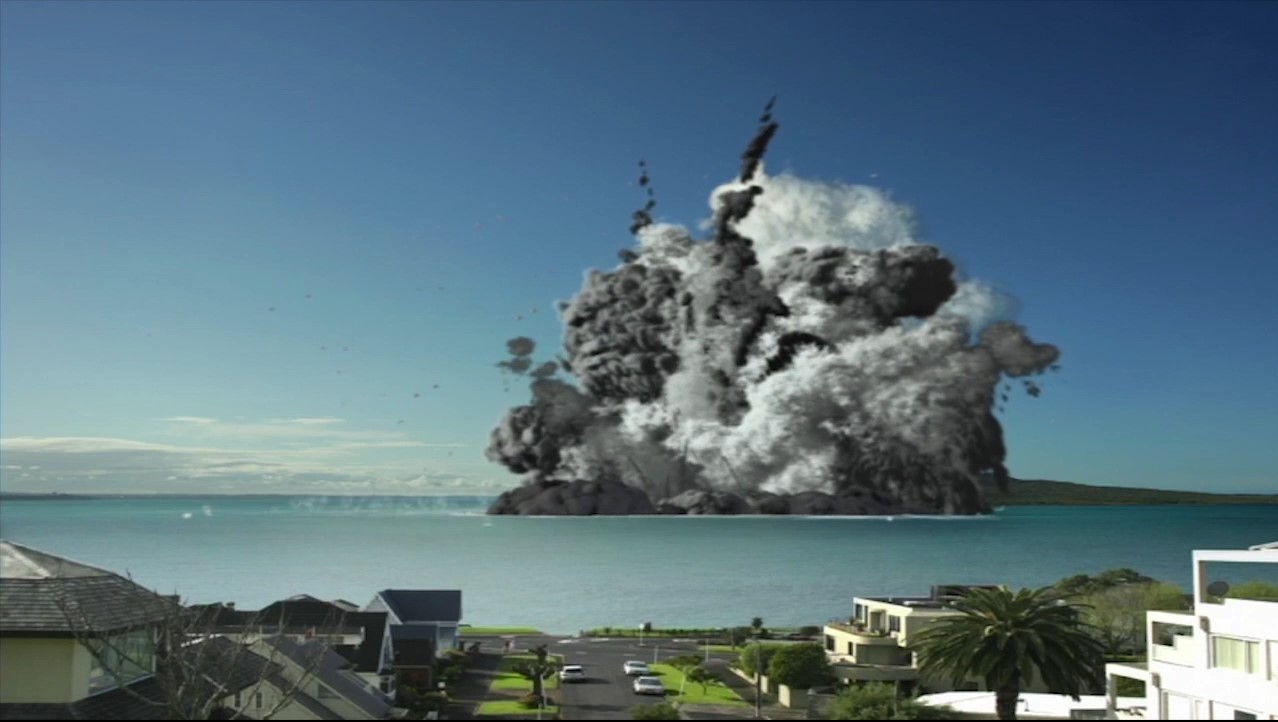 A simulation of a volcanic eruption in the Auckland area. Image: Vimeo/Brandspank