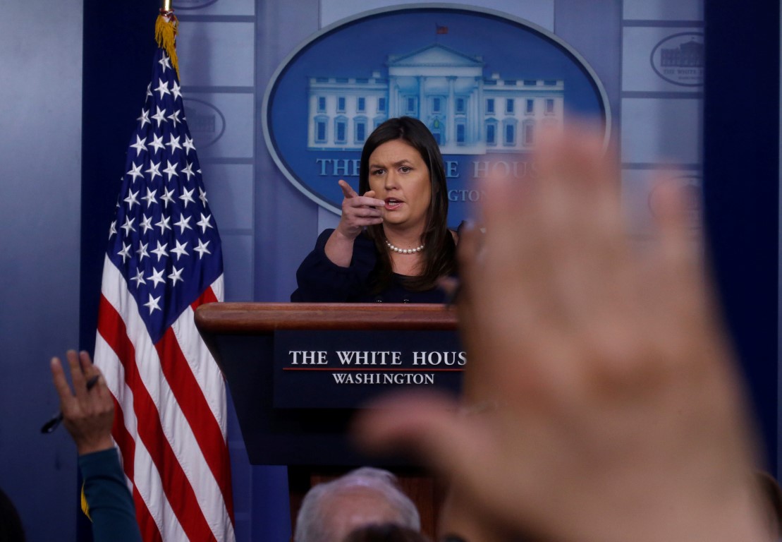 White House Press Secretary Sarah Sanders takes questions while holding the daily briefing at the...