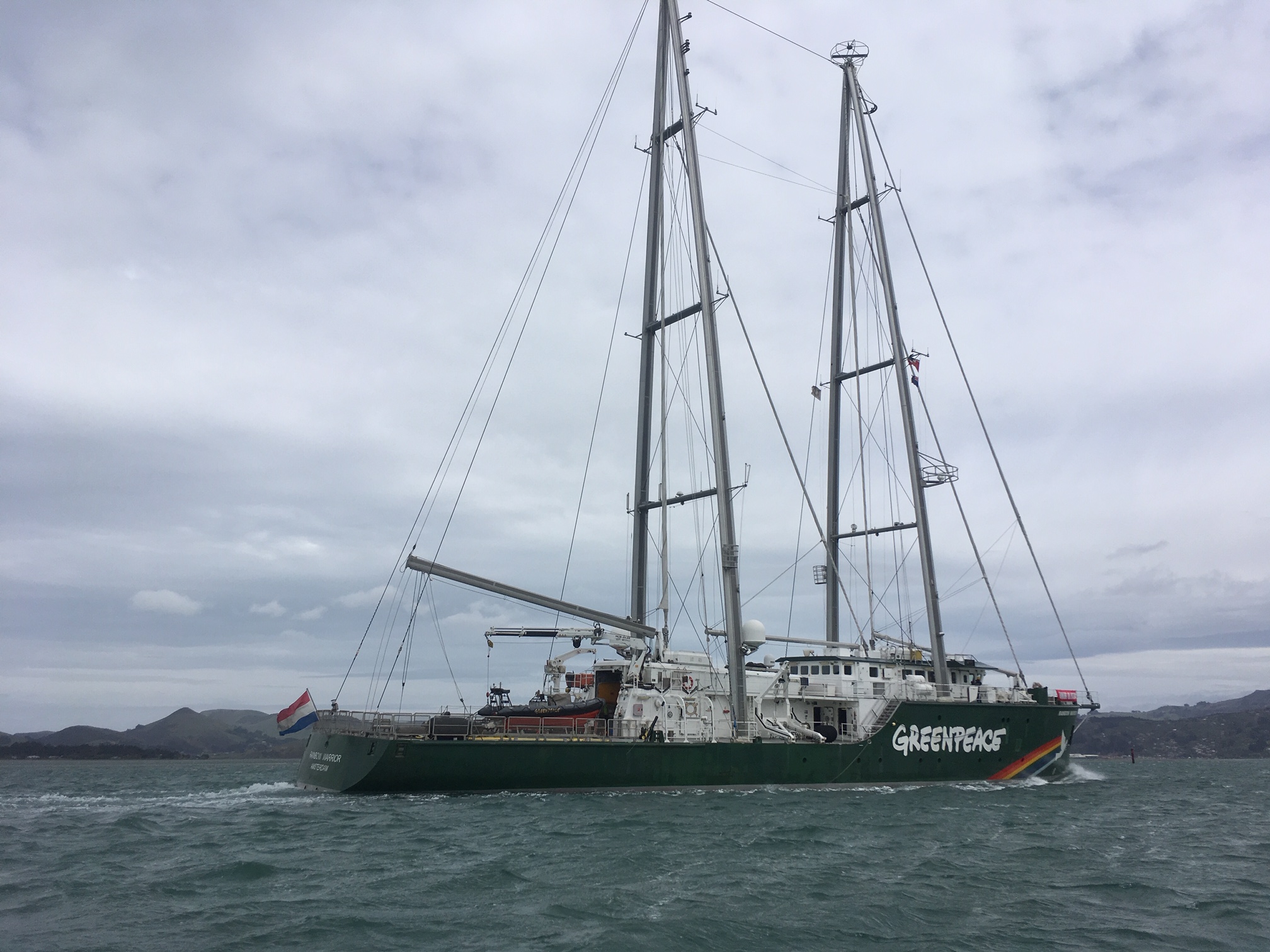 The Rainbow Warrior arrives for its Dunedin visit this weekend. Photo: Stephen Jaquiery 