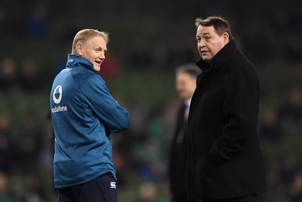 All Blacks coach Steve Hansen (R) and Ireland coach Joe Schmidt before their teams' match in...