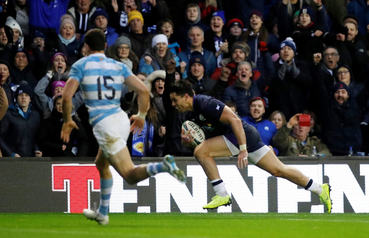 Sean Maitland crosses to score for Scotland against Argentina. Photo: Reuters