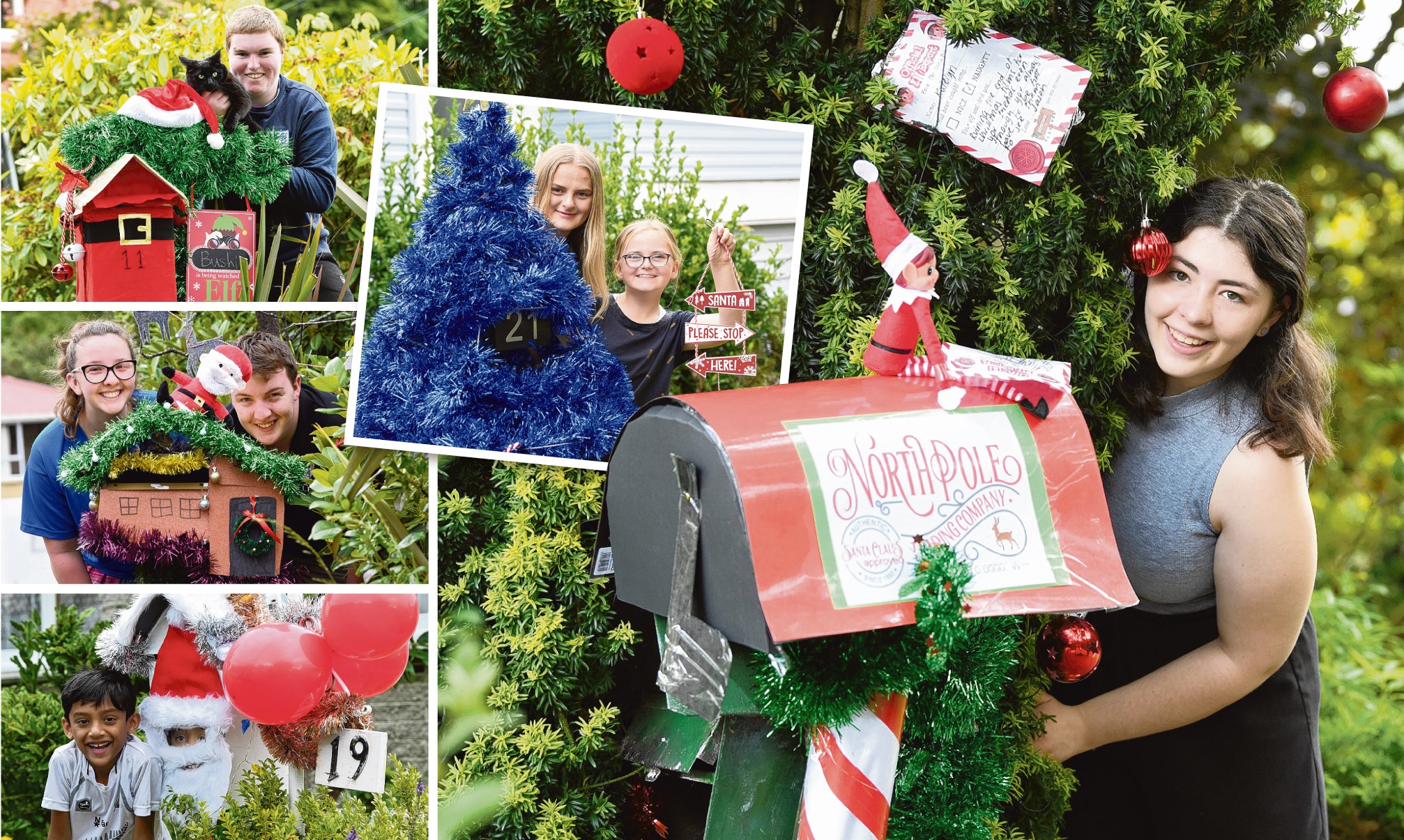 Jason St residents and their decorated letterboxes. Main photo: Mikayla Cameron (20); clockwise from bottom: Dan Mathew (7), Arwen (16) and Angus Weir (19), Keenan West (17) and Blue the cat, and Amelia (14) and Katelyn Coster (12). Photos: Stephen Jaquie