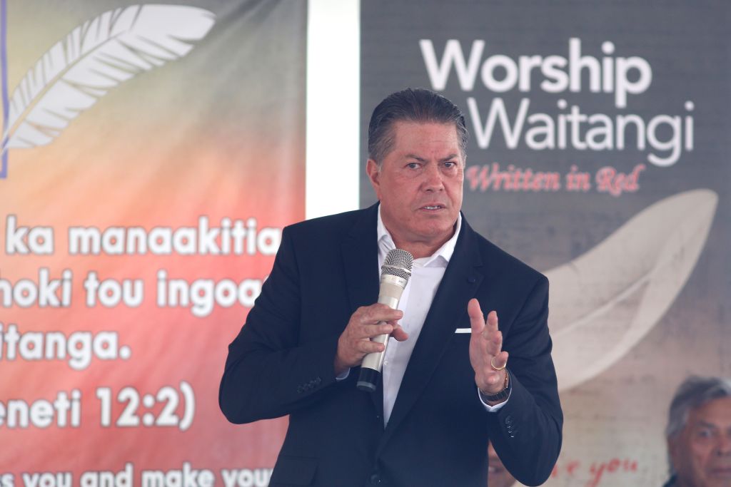 Destiny Church leader Brian Tamaki leads a sermon on the lower marae in Waitangi today. Photo: Getty