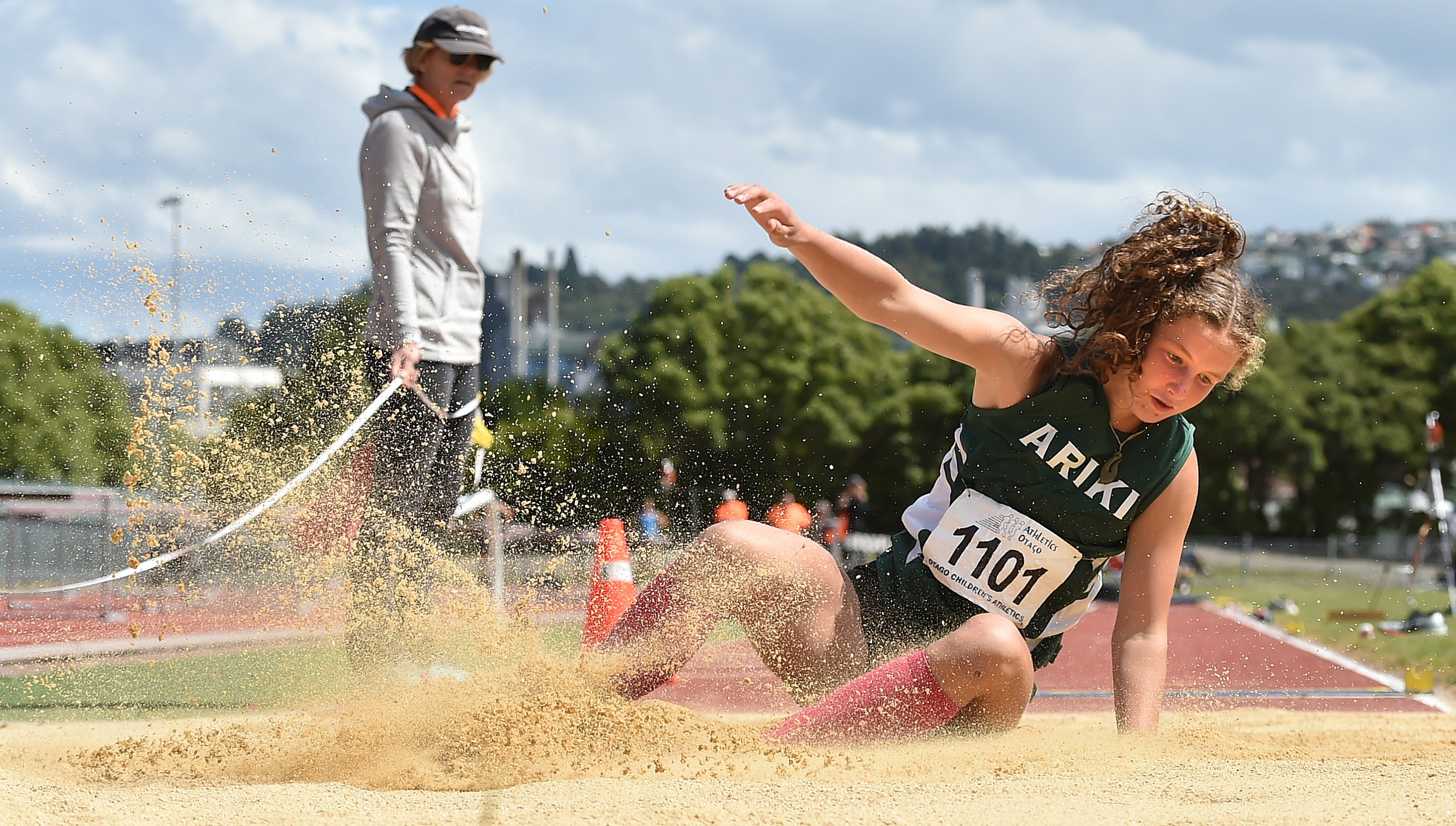 Sarah Langsbury (Ariki) competes in the women's under-18 long jump at the Otago track and field...