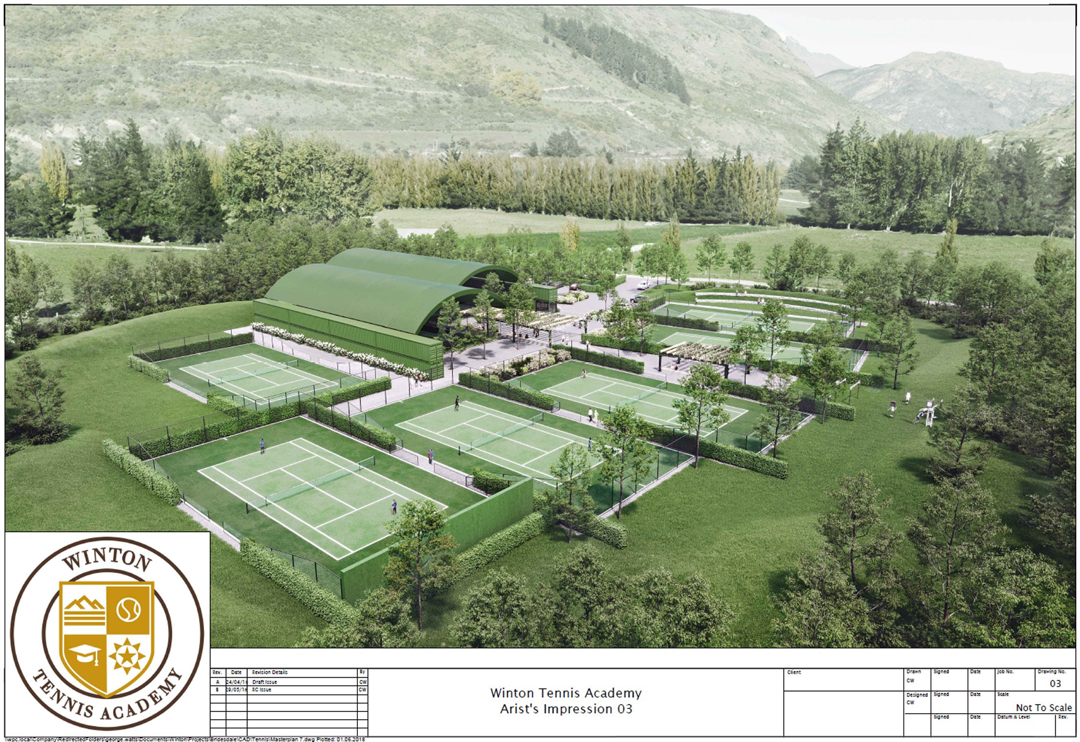 An artist's impression shows Bridesdale Farm Developments Ltd's proposed Winton Tennis Academy,...