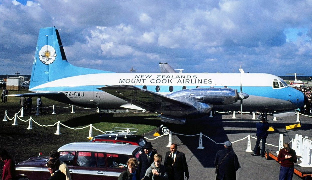 Mt Cook Airlines' Hawker Siddeley 748 ZK-CWJ after landing in New Zealand for the first time in...