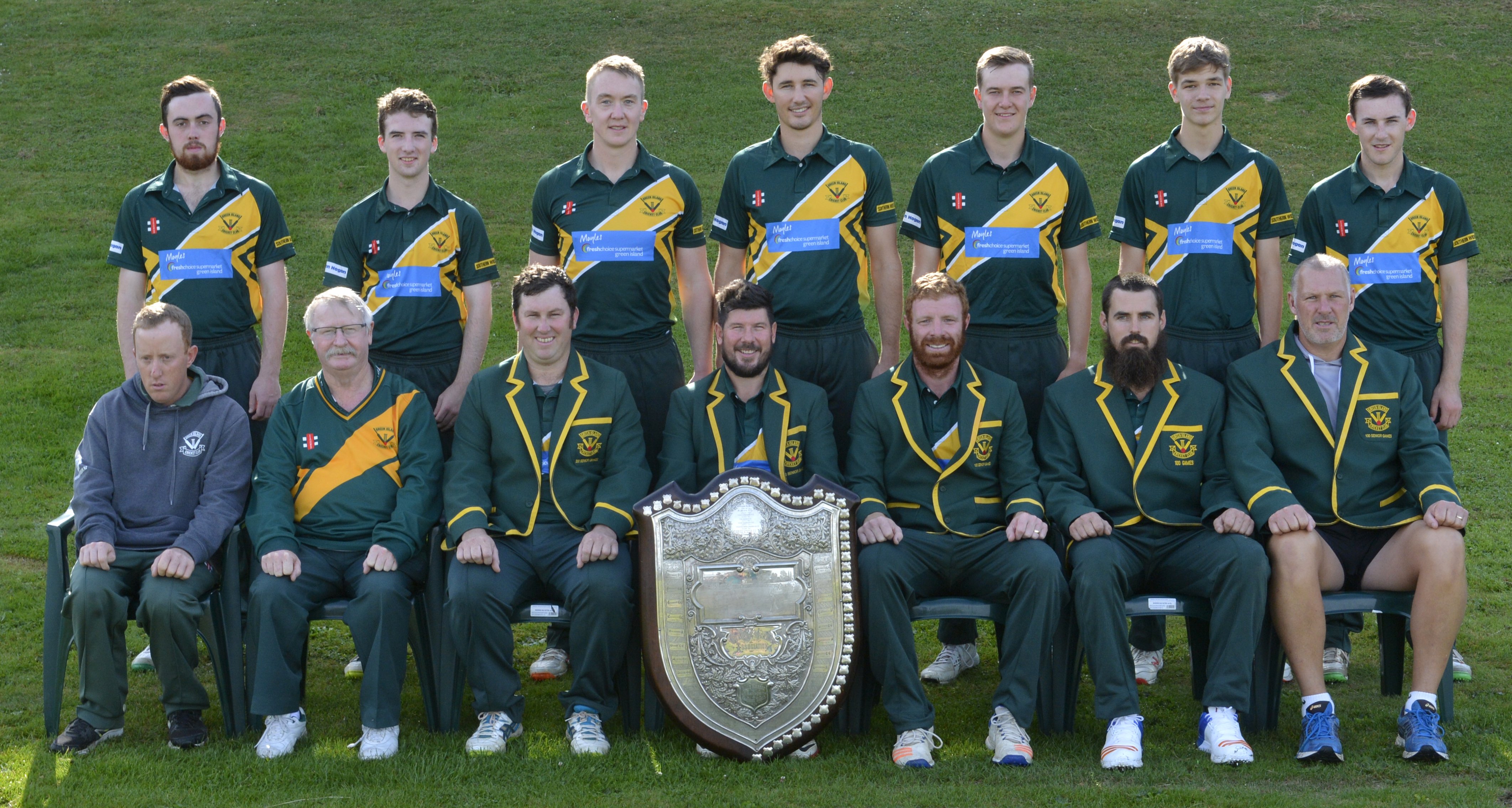 The champion Green Island cricket team with the Bing Harris Trophy, at Sunnyvale on Saturday....