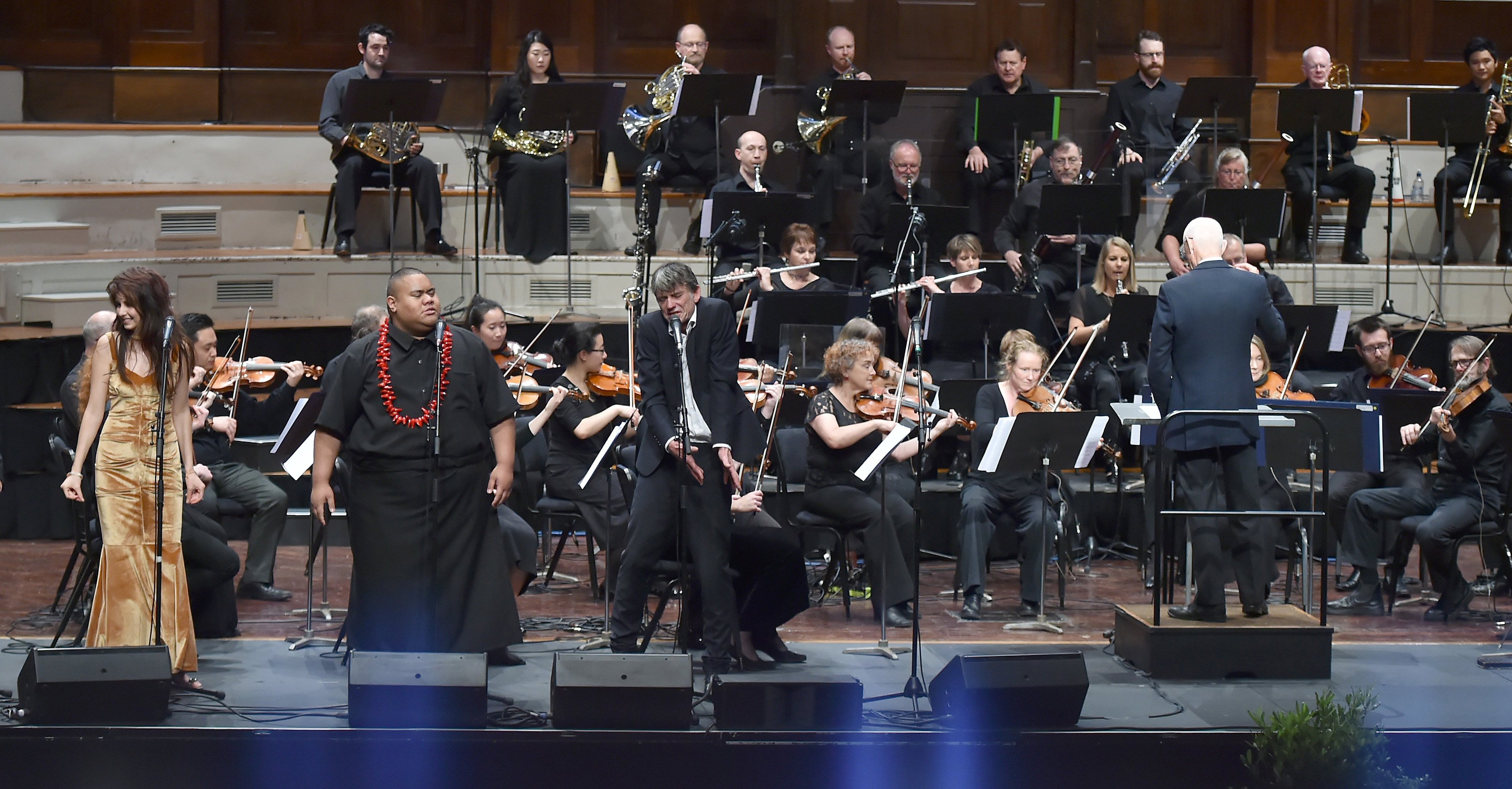 Molly Devine and Metitilani Alo perform with Graeme Downes and the Dunedin Symphony Orchestra at Tally Ho! 2 in the Dunedin Town Hall. Photo: Gregor Richardson