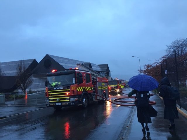 Fire appliances at Columba College this afternoon. Photo: Elena McPhee