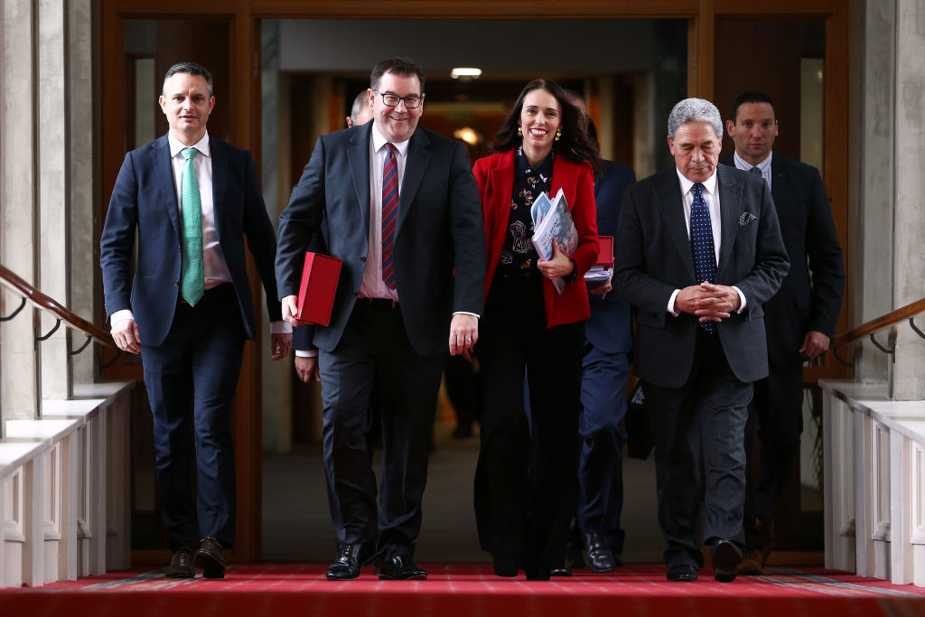 Walking to the house for the 2019 budget presentation at Parliament are (from left) Greens leader...