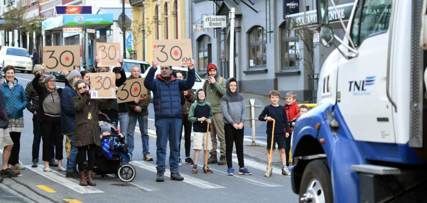 Protesters stopped trucks to make their point about the speed limit in Port Chalmers last week....