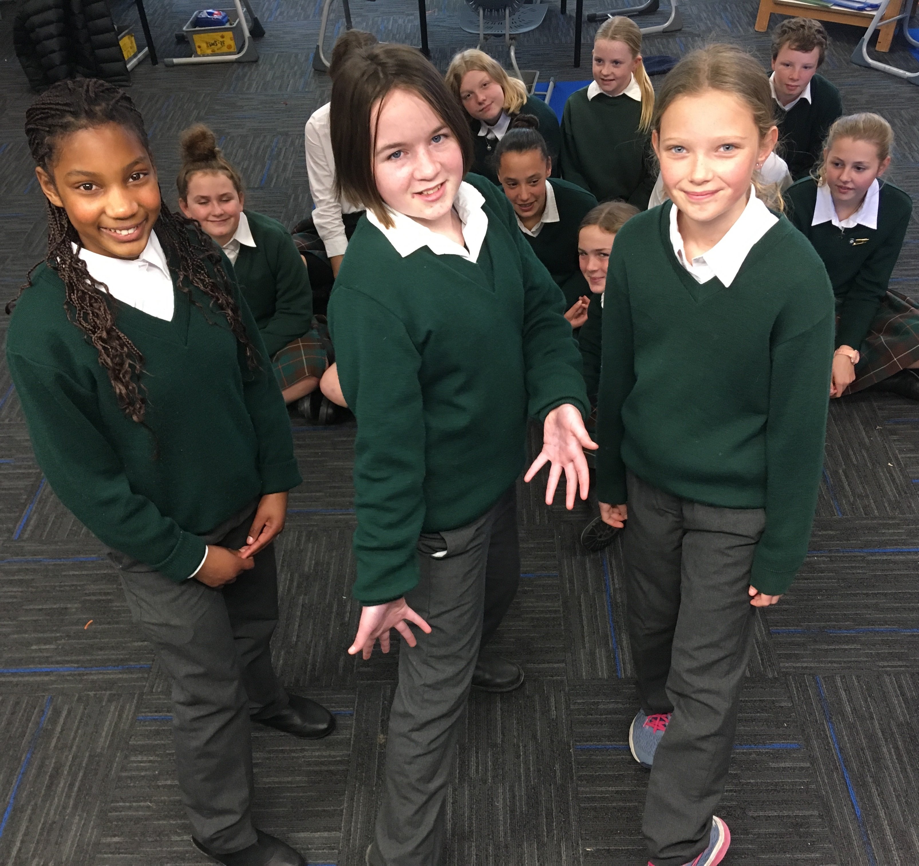 Modelling the school’s new winter trousers option for girls are (from left) St Gerard’s pupils Kimberley Dacosta (12), Dani Dowling (11) and Keira McFadyen (11). Photo: Adam Burns