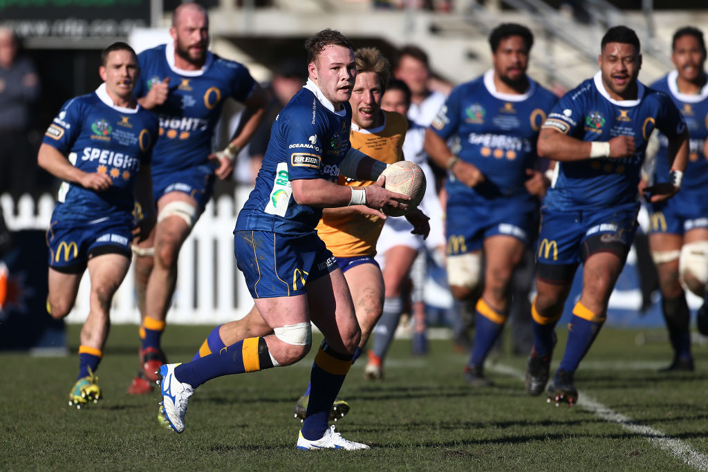 Otago's Slade McDowall runs the ball up against North Otago at Whitestone Contracting Stadium in...