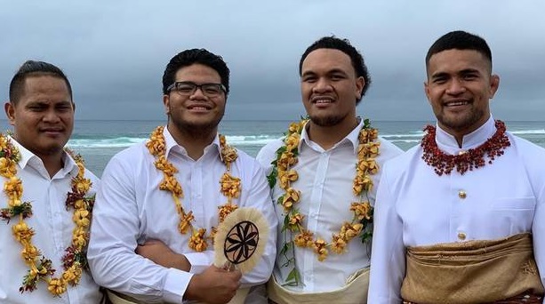 Vaea Fifita (R) on his wedding day with family, including his younger half-brother, Albert John ...