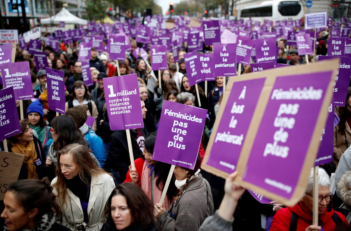 Demonstrators in Paris take part in a protest against femicide and violence against women. Photo:...