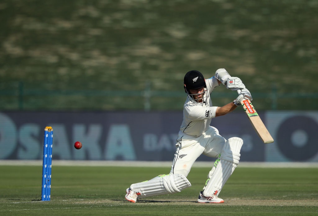 Kane Williamson plays a shot through the covers on the opening day of the third test against...