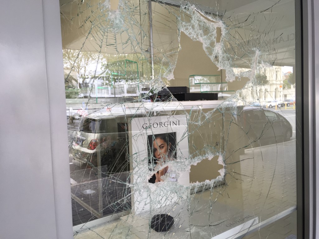 The front window of Ballantynes Showcase Jewellers in lower Thames St in Oamaru, which was...