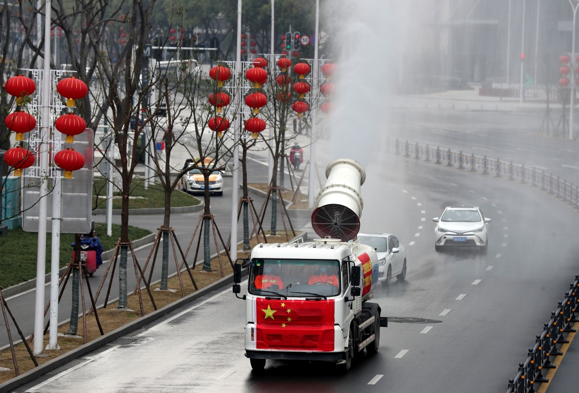 Disinfection operations are carried in Jianghan district in Wuhan following the coronavirus...