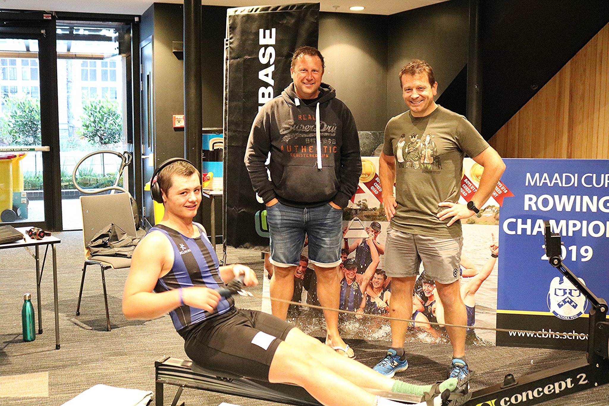 Ed Lopas with his rugby coaches Anthony Washington and Andrew McGill during the world record...