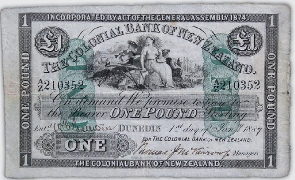 This rare Colonial Bank of New Zealand £1 note from 1887 has Dunedin links and will go up for auction in Wellington on Friday, with an estimated value of $NZ15,000. Photo: Supplied