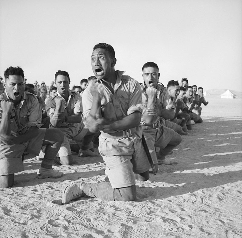 WWII. Haka performed by soldiers of the the 28th (Māori) Battalion, attached to the 2nd New...